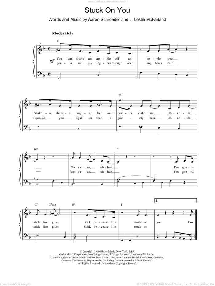 Stuck On You sheet music for piano solo by Elvis Presley, Aaron Schroeder and J. Leslie McFarland, easy skill level