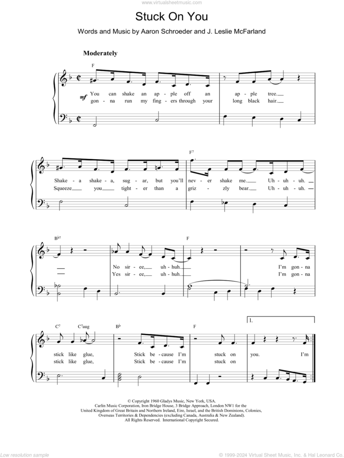 Stuck On You sheet music for piano solo by Elvis Presley, Aaron Schroeder and J. Leslie McFarland, easy skill level