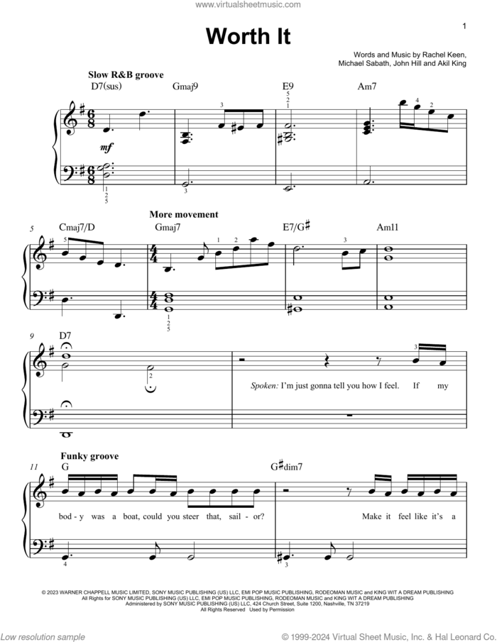 Worth It. sheet music for piano solo by John Hill, Don Raye, Akil King, Michael Sabath and Rachel Keen, easy skill level