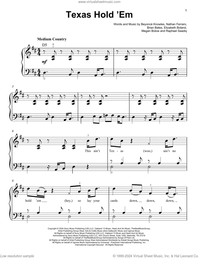 Texas Hold 'Em sheet music for piano solo by Raphael Saadiq, Beyonce, Beyonce Knowles, Brian Bates, Elizabeth Boland, Megan Bulow and Nathan Ferraro, easy skill level