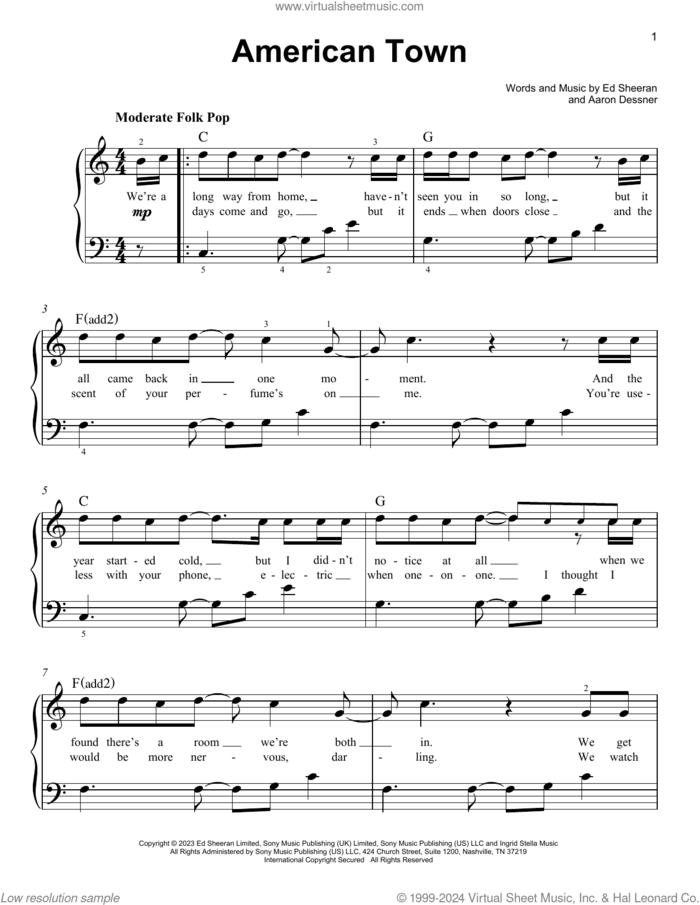 American Town sheet music for piano solo by Ed Sheeran and Aaron Dessner, easy skill level