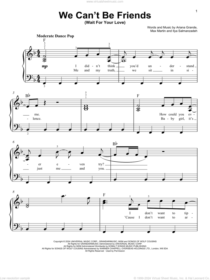 we can't be friends (wait for your love) sheet music for piano solo by Ariana Grande, Ilya Salmanzadeh and Max Martin, easy skill level