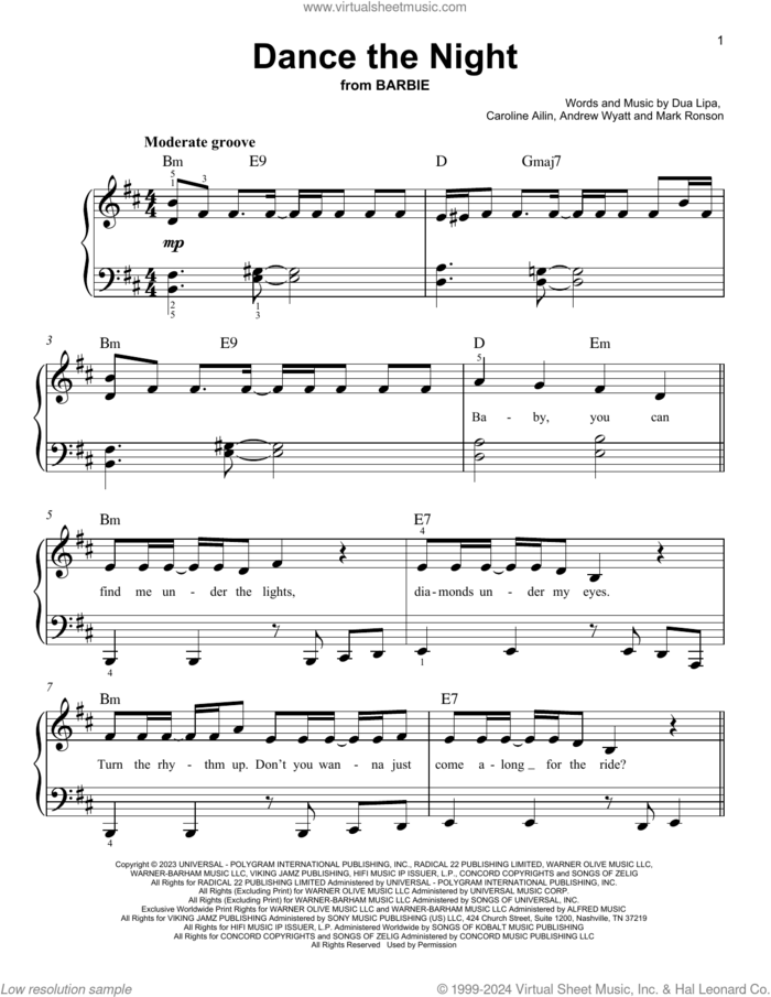 Dance The Night (from Barbie The Album) sheet music for piano solo by Dua Lipa, Andrew Wyatt Blakemore, Caroline Ailin and Mark Ronson, easy skill level