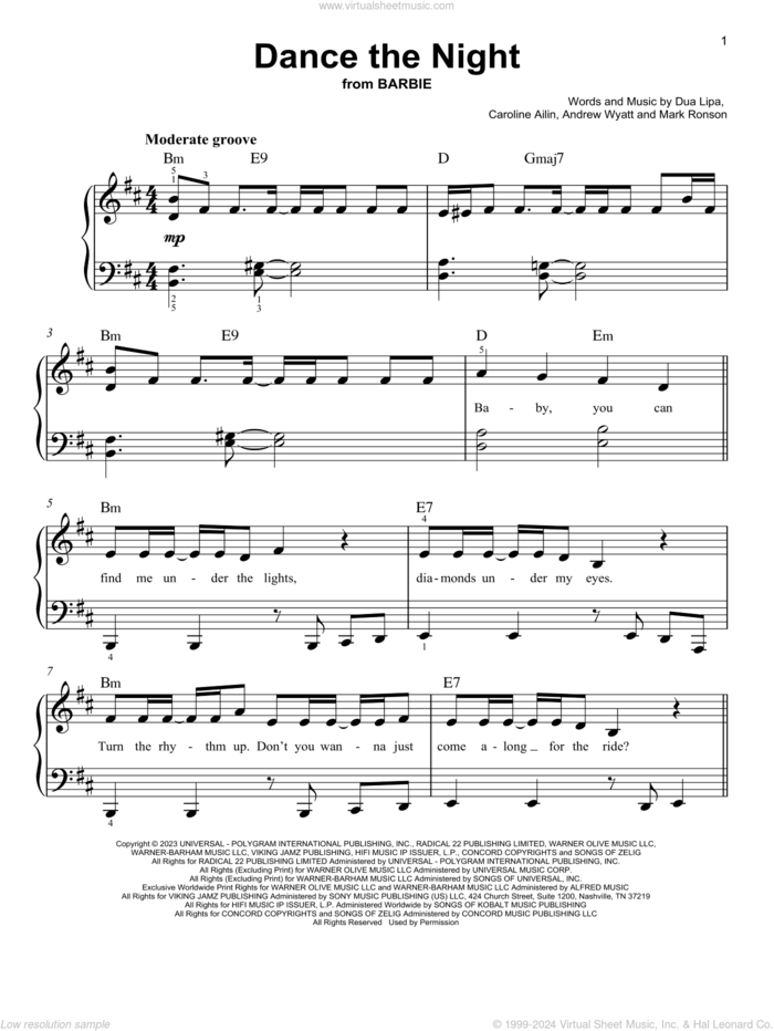 Dance The Night (from Barbie The Album), (easy) sheet music for piano solo by Dua Lipa, Andrew Wyatt Blakemore, Caroline Ailin and Mark Ronson, easy skill level