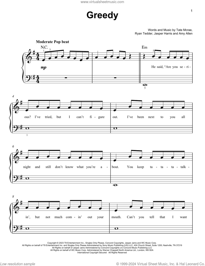 greedy sheet music for piano solo by Tate McRae, Amy Allen, Jasper Harris and Ryan Tedder, easy skill level