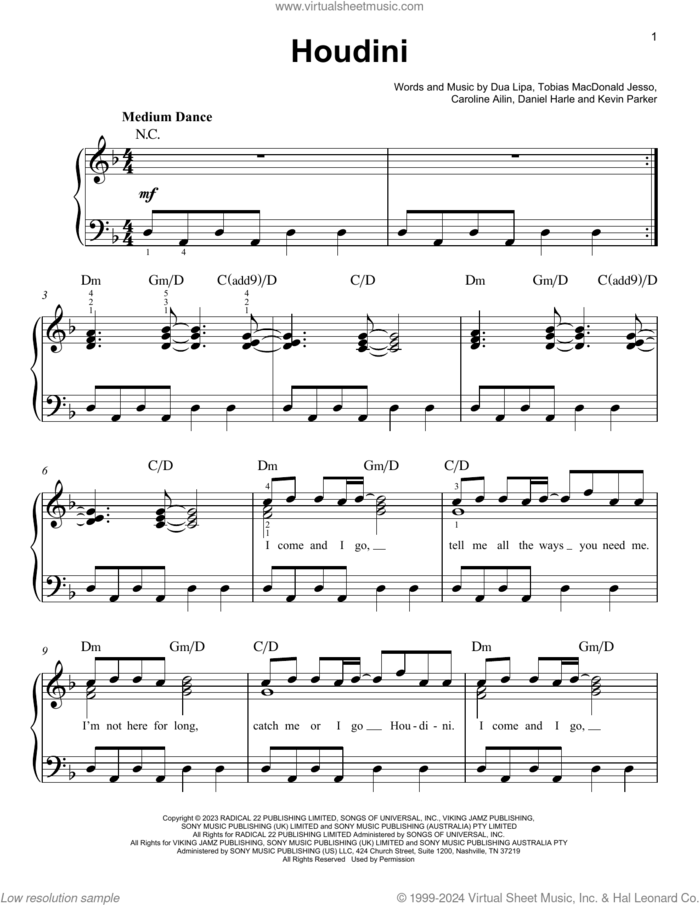 Houdini sheet music for piano solo by Dua Lipa, Caroline Ailin, Daniel Harle, Kevin Parker and Tobias Macdonald Jesso, easy skill level