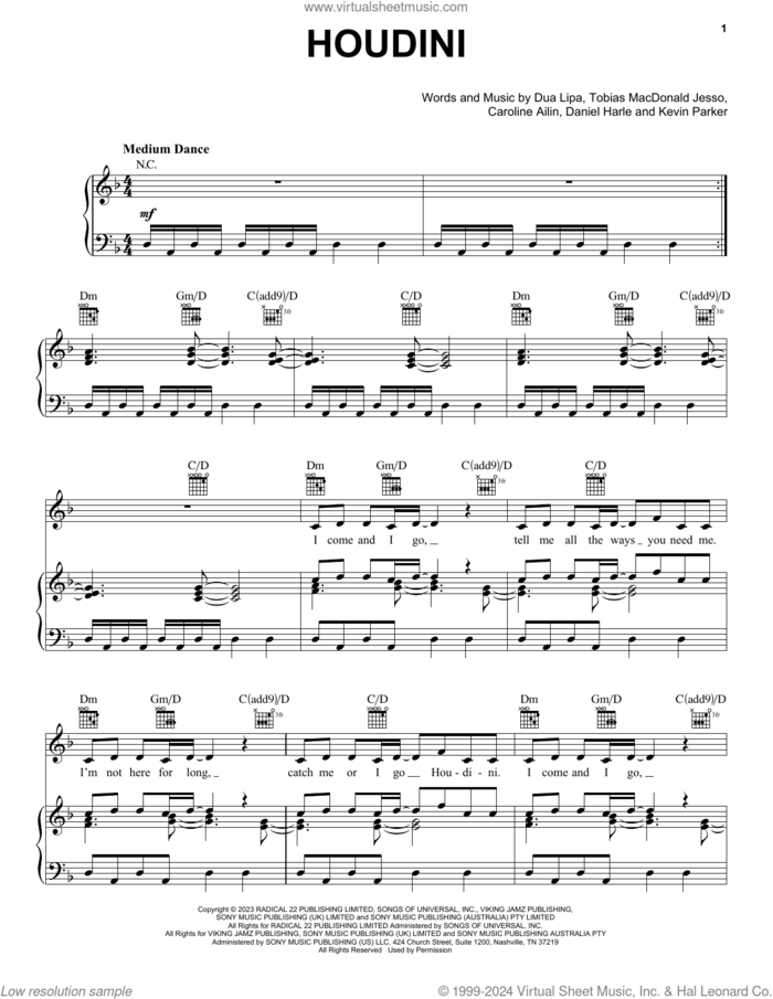 Houdini sheet music for voice, piano or guitar by Dua Lipa, Caroline Ailin, Daniel Harle, Kevin Parker and Tobias Macdonald Jesso, intermediate skill level