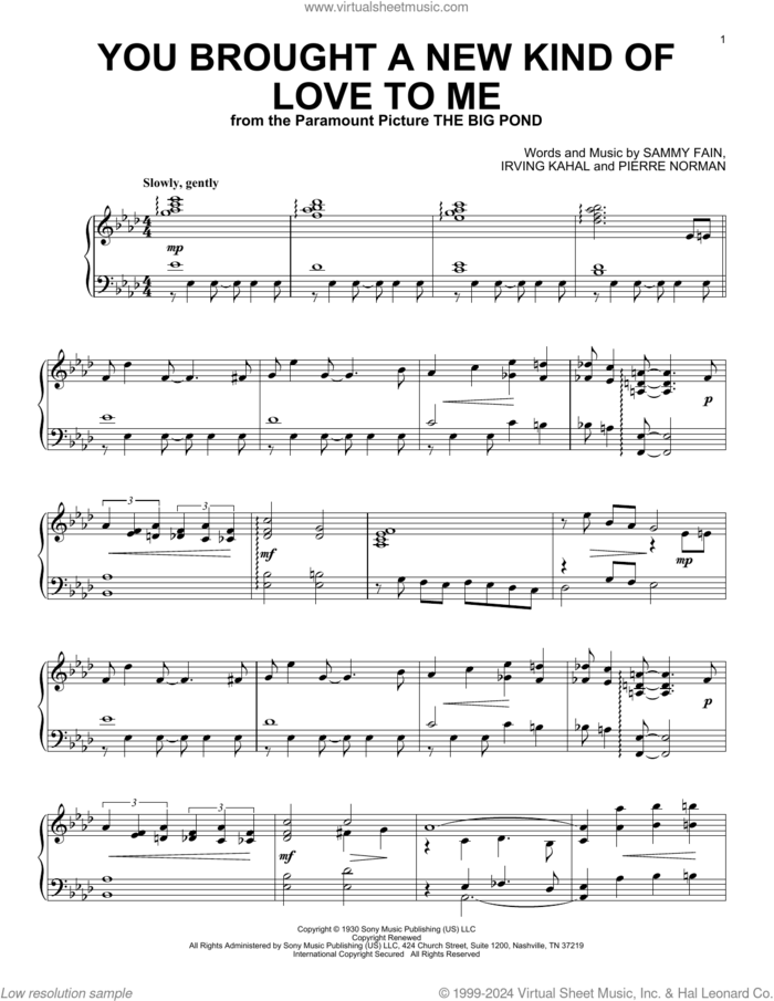 You Brought A New Kind Of Love To Me, (intermediate) sheet music for piano solo by Frank Sinatra, Scott Hamilton, Irving Kahal, Pierre Norman and Sammy Fain, intermediate skill level