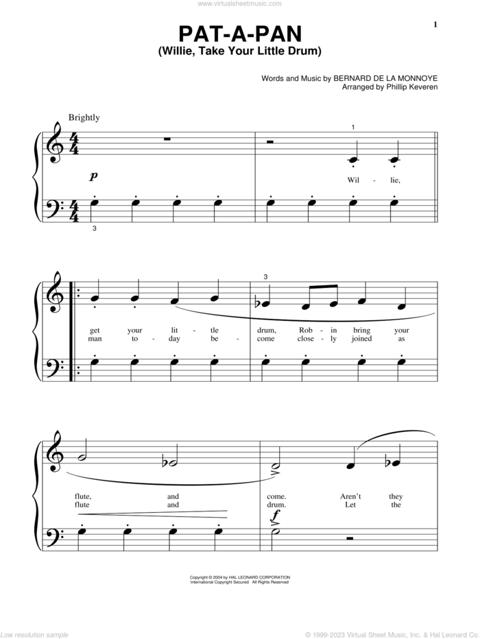 Pat-A-Pan (Willie, Take Your Little Drum) (arr. Phillip Keveren), (beginner) sheet music for piano solo by Bernard de la Monnoye and Phillip Keveren, beginner skill level