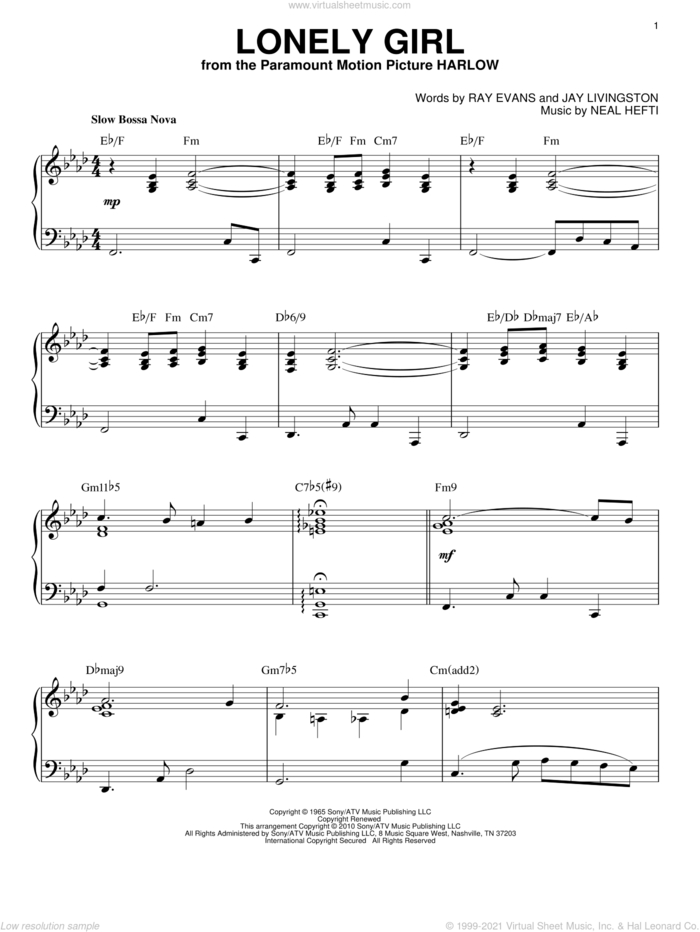 Lonely Girl [Jazz version] (arr. Brent Edstrom) sheet music for piano solo by Bill Evans, Jay Livingston, Neal Hefti and Ray Evans, intermediate skill level