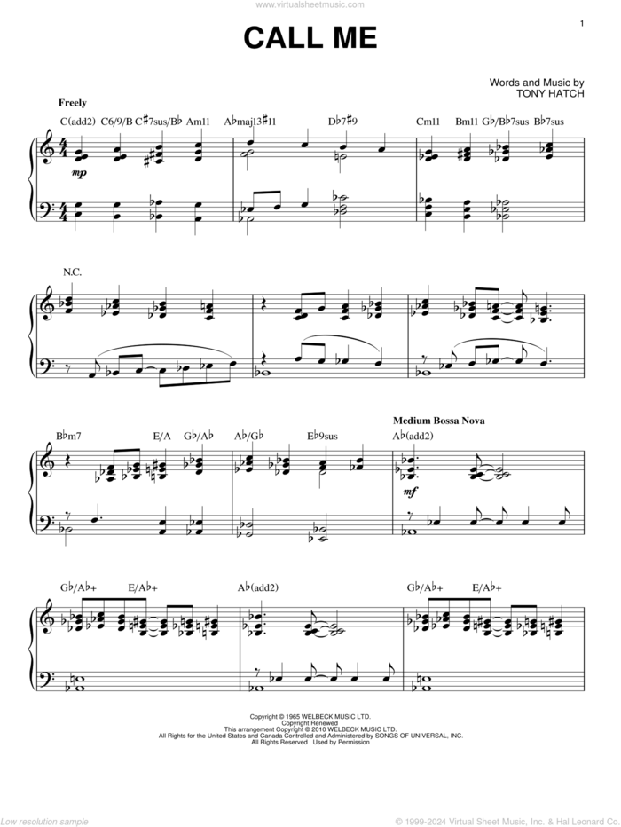 Call Me [Jazz version] (arr. Brent Edstrom) sheet music for piano solo by Tony Hatch, intermediate skill level