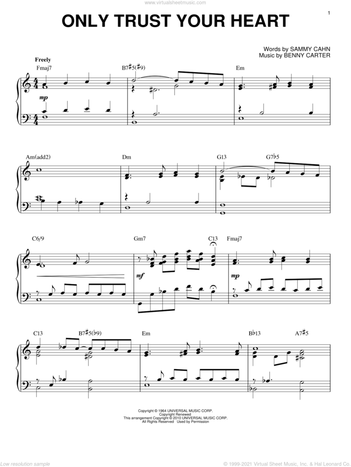 Only Trust Your Heart [Jazz version] (arr. Brent Edstrom) sheet music for piano solo by Sammy Cahn and Benny Carter, intermediate skill level