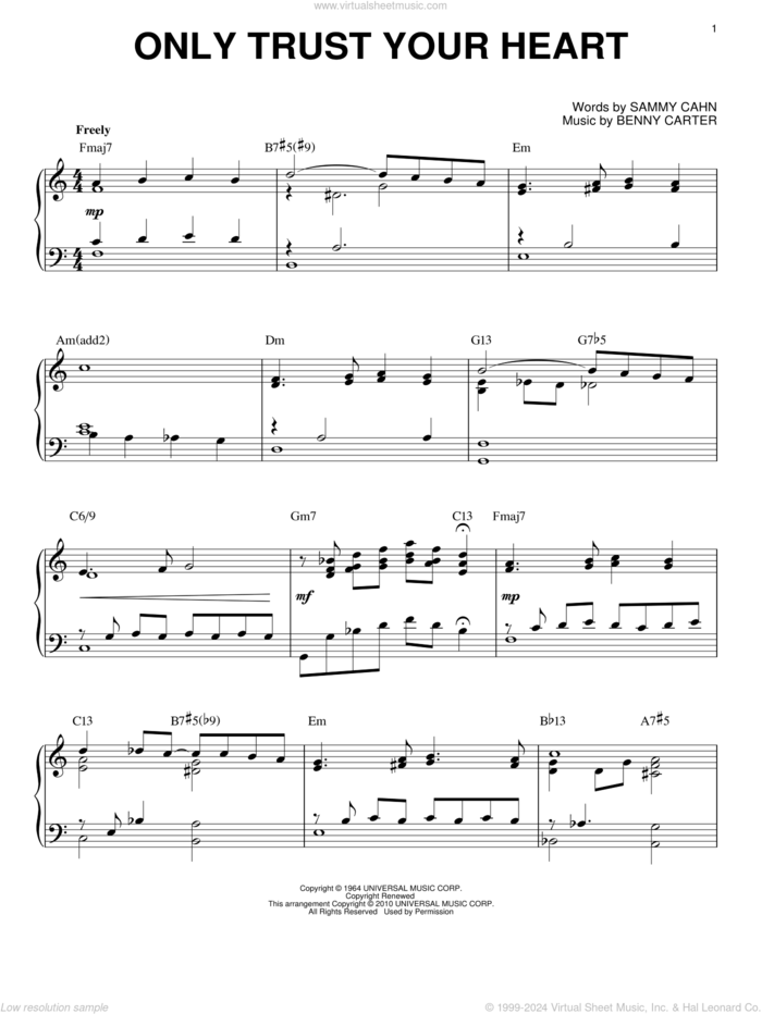 Only Trust Your Heart [Jazz version] (arr. Brent Edstrom) sheet music for piano solo by Sammy Cahn and Benny Carter, intermediate skill level