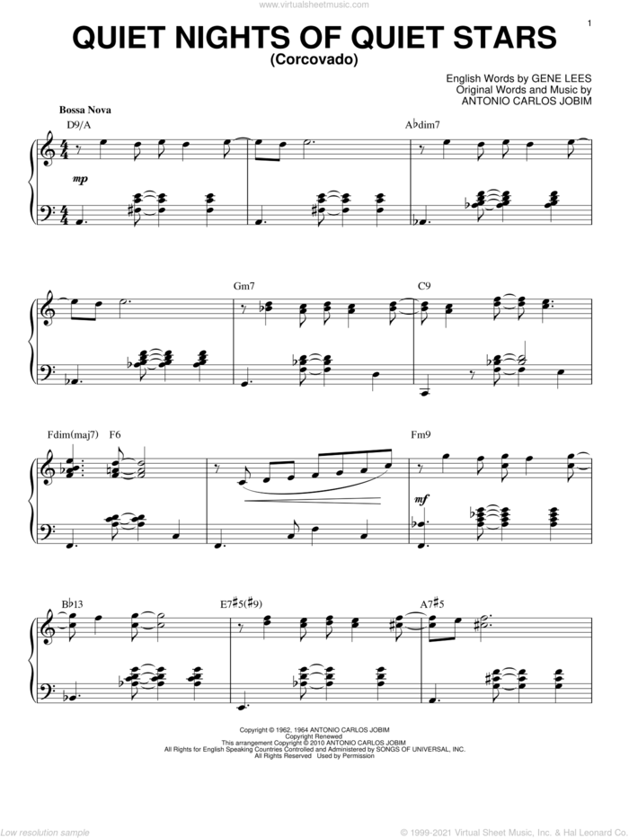 Quiet Nights Of Quiet Stars (Corcovado) [Jazz version] (arr. Brent Edstrom) sheet music for piano solo by Antonio Carlos Jobim and Eugene John Lees, intermediate skill level