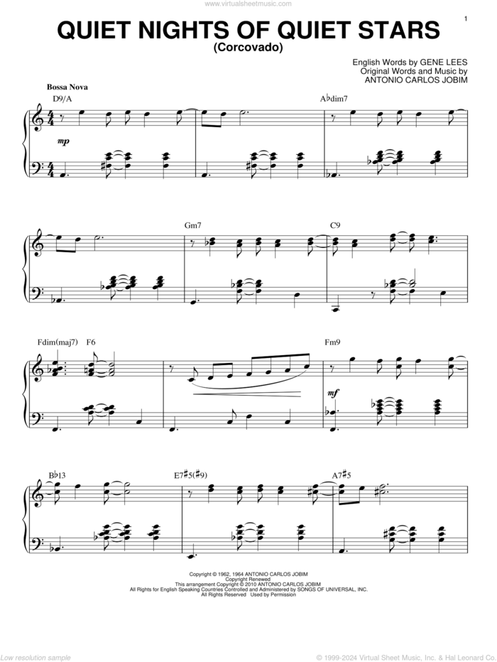 Quiet Nights Of Quiet Stars (Corcovado) [Jazz version] (arr. Brent Edstrom) sheet music for piano solo by Antonio Carlos Jobim and Eugene John Lees, intermediate skill level