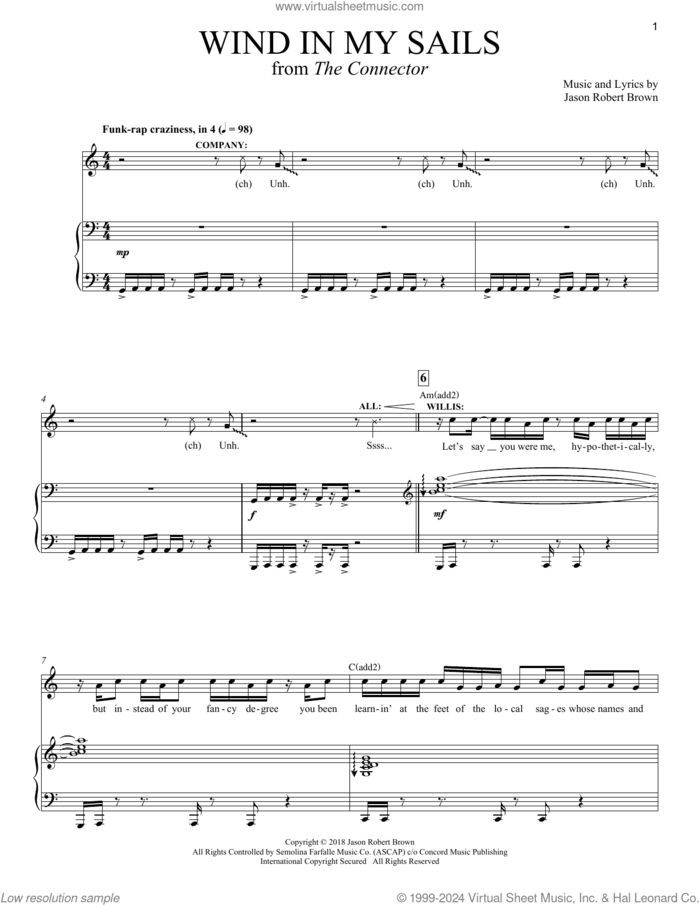 Wind In My Sails (from The Connector) sheet music for voice and piano by Jason Robert Brown, intermediate skill level
