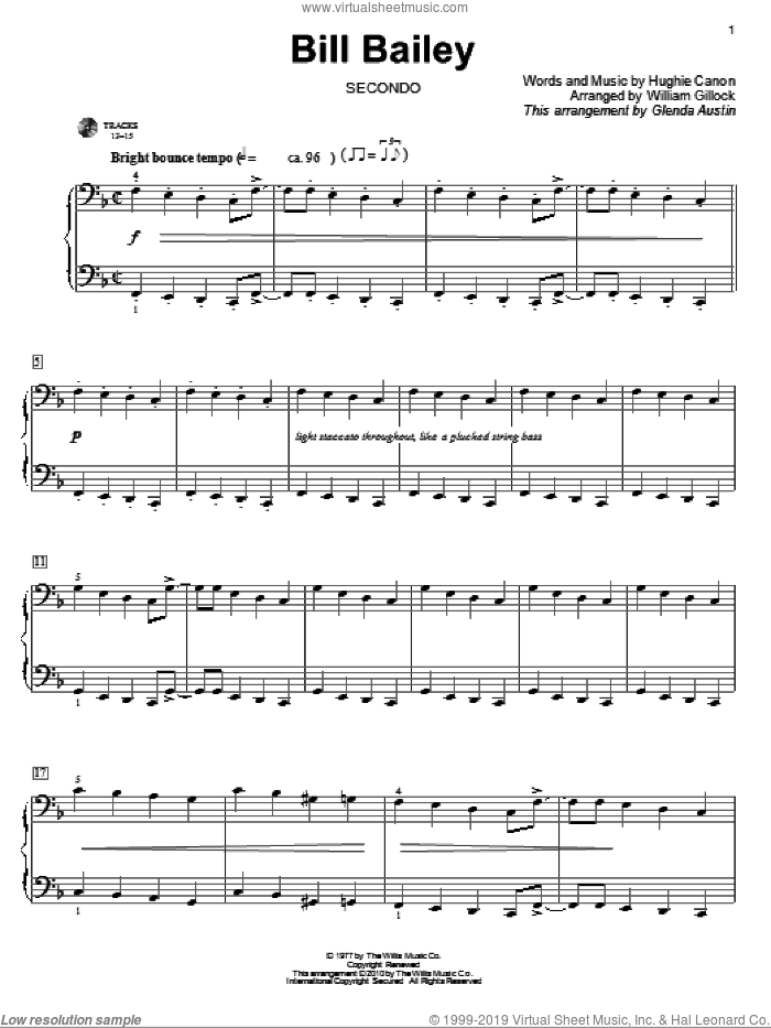 Bill Bailey sheet music for piano four hands by William Gillock, Glenda Austin and Hughie Cannon, intermediate skill level