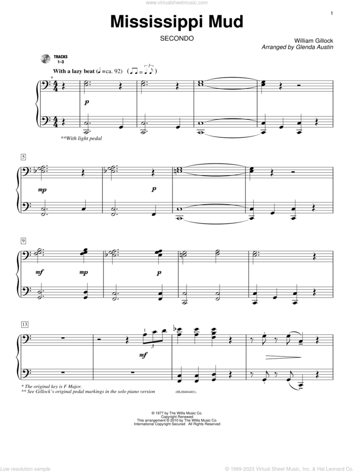 Mississippi Mud sheet music for piano four hands by William Gillock and Glenda Austin, intermediate skill level