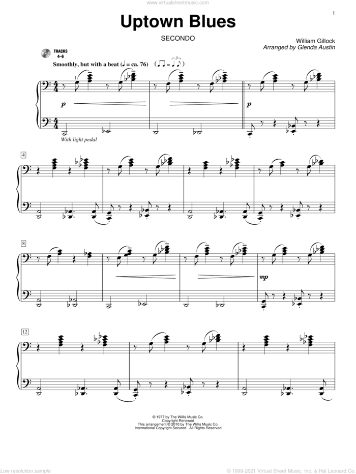 Uptown Blues sheet music for piano four hands by William Gillock and Glenda Austin, intermediate skill level