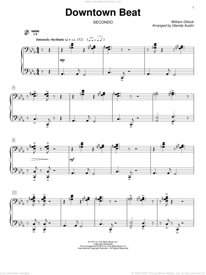 Downtown Beat sheet music for piano four hands by William Gillock and Glenda Austin, intermediate skill level