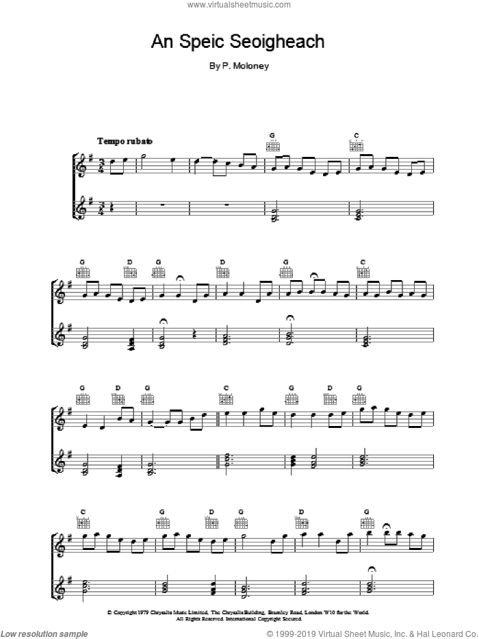 An Speic Seoigheach sheet music for piano solo by The Chieftains and P Moloney, intermediate skill level