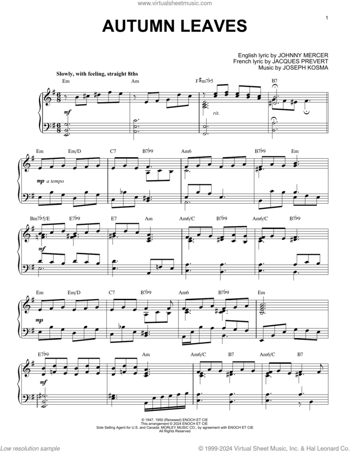 Autumn Leaves (arr. Brent Edstrom) sheet music for piano solo by Johnny Mercer, Brent Edstrom, Jacques Prevert and Joseph Kosma, intermediate skill level
