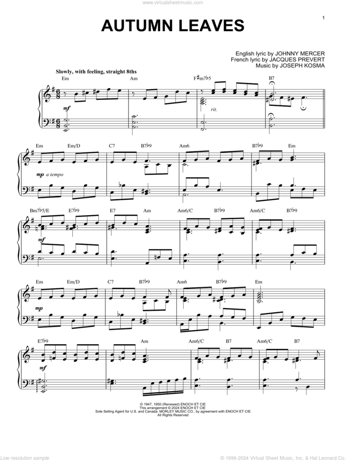 Autumn Leaves (arr. Brent Edstrom) sheet music for piano solo by Johnny Mercer, Brent Edstrom, Jacques Prevert and Joseph Kosma, intermediate skill level