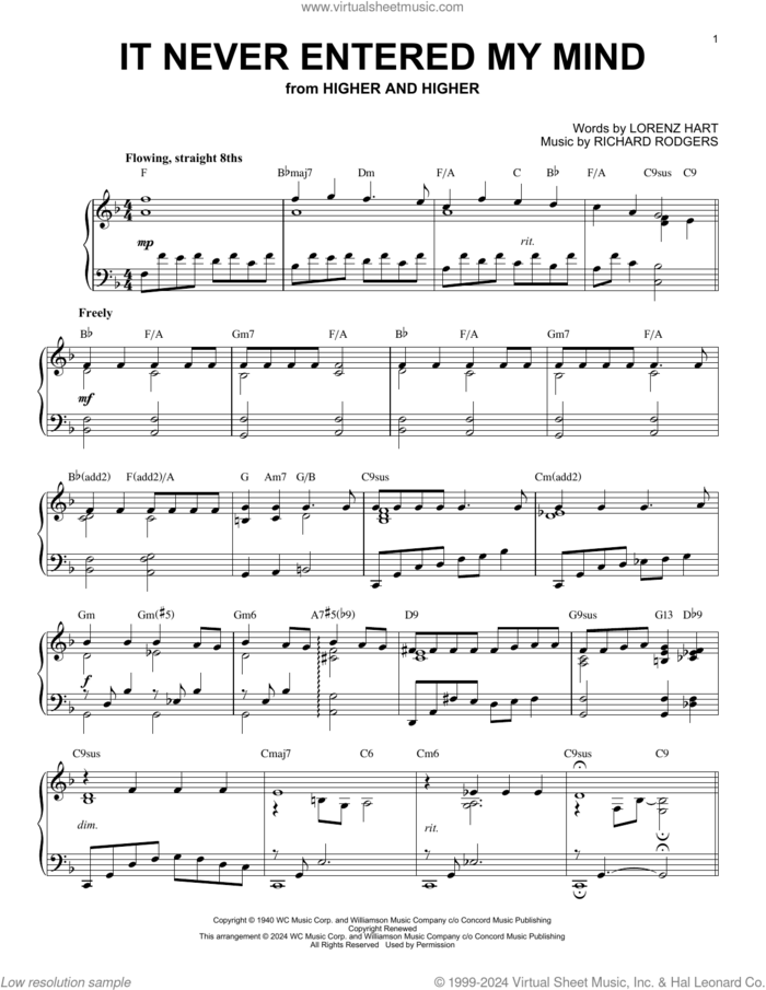 It Never Entered My Mind (arr. Brent Edstrom) sheet music for piano solo by Richard Rodgers, Brent Edstrom, Lorenz Hart and Rodgers & Hart, intermediate skill level
