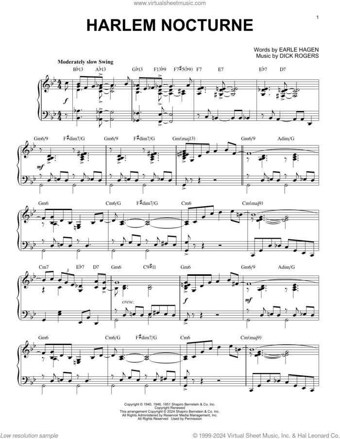 Harlem Nocturne (arr. Brent Edstrom) sheet music for piano solo by Dick Rogers, Brent Edstrom and Earle Hagen, intermediate skill level