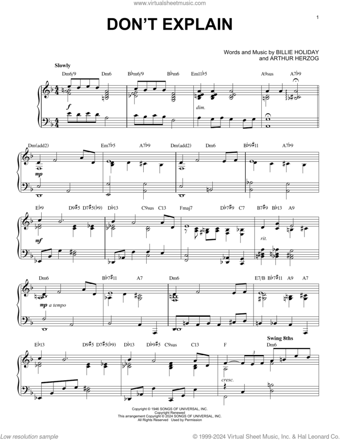 Don't Explain (arr. Brent Edstrom) sheet music for piano solo by Billie Holiday, Brent Edstrom and Arthur Herzog Jr., intermediate skill level