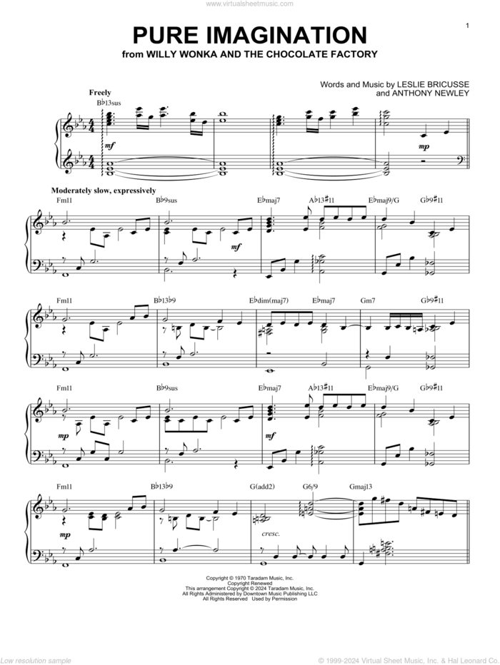 Pure Imagination (arr. Brent Edstrom) sheet music for piano solo by Leslie Bricusse, Brent Edstrom and Anthony Newley, intermediate skill level