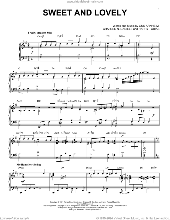 Sweet And Lovely (arr. Brent Edstrom) sheet music for piano solo by Gus Arnheim, Brent Edstrom, Charles N. Daniels and Harry Tobias, intermediate skill level