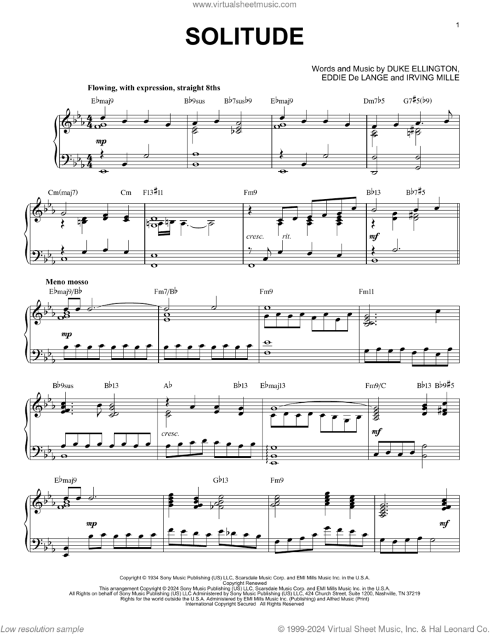 Solitude (arr. Brent Edstrom) sheet music for piano solo by Duke Ellington, Brent Edstrom, Eddie DeLange and Irving Mills, intermediate skill level