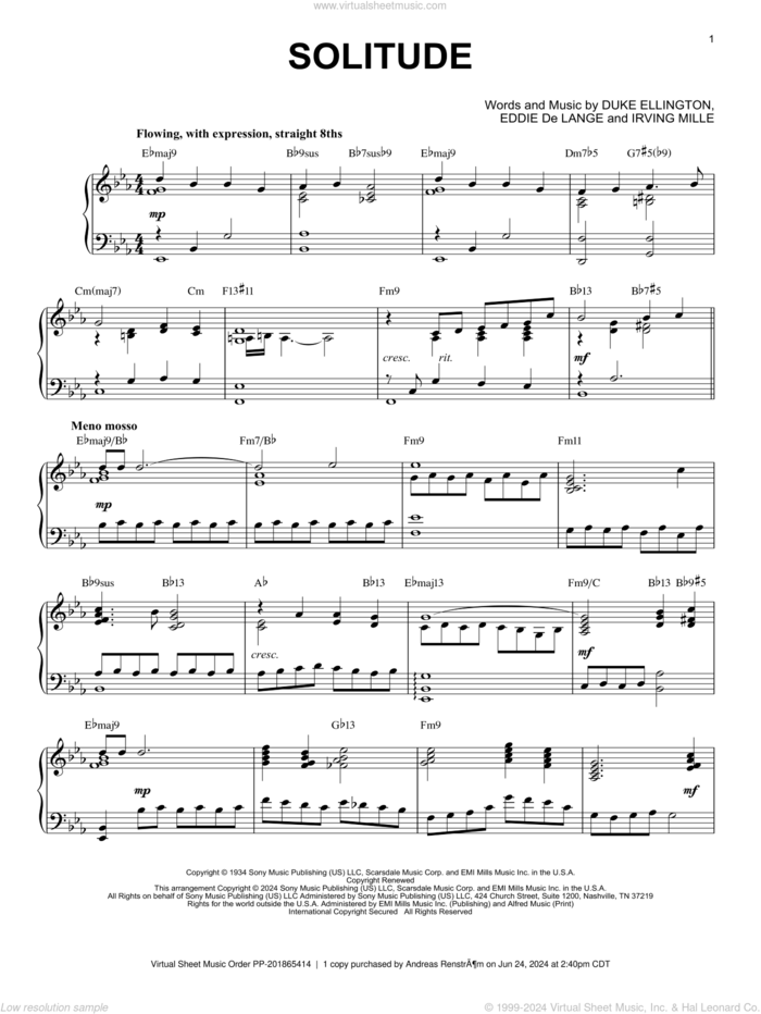 Solitude (arr. Brent Edstrom) sheet music for piano solo by Duke Ellington, Brent Edstrom, Eddie DeLange and Irving Mills, intermediate skill level