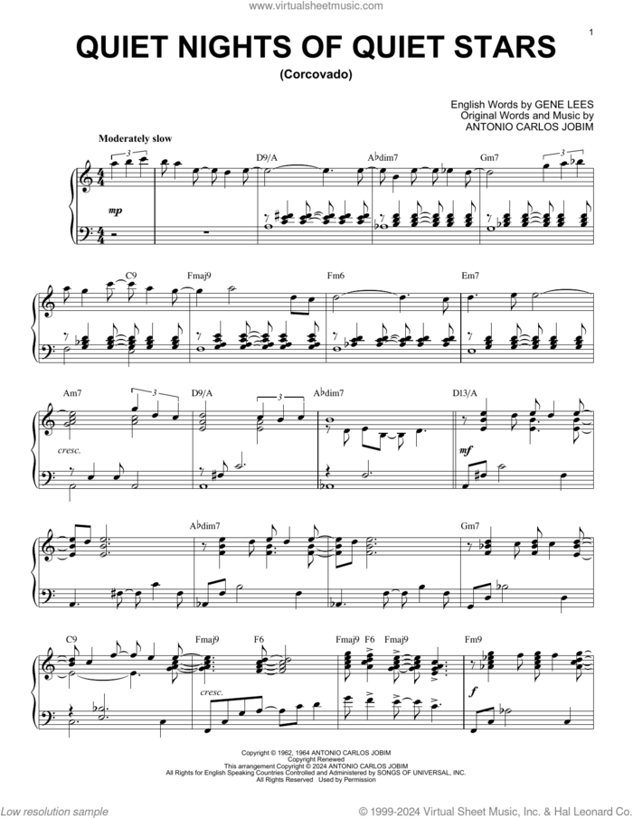 Quiet Nights Of Quiet Stars (Corcovado) (arr. Brent Edstrom) sheet music for piano solo by Antonio Carlos Jobim, Brent Edstrom, Andy Williams and Eugene John Lees, intermediate skill level