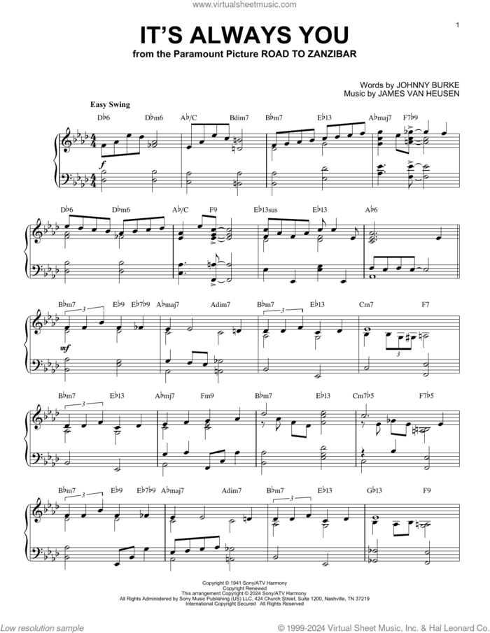 It's Always You (arr. Brent Edstrom) sheet music for piano solo by Jimmy van Heusen, Brent Edstrom and John Burke, intermediate skill level