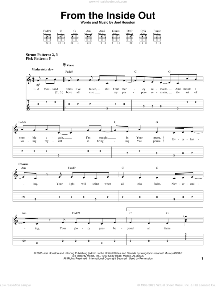 From The Inside Out sheet music for guitar solo (easy tablature) by Joel Houston and Hillsong United, easy guitar (easy tablature)