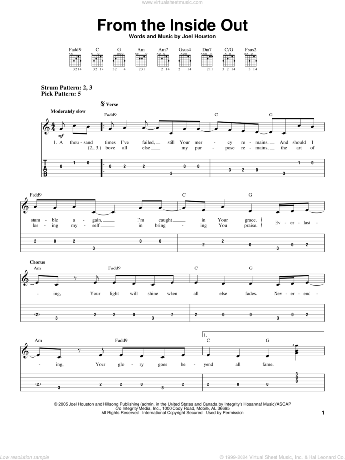 From The Inside Out sheet music for guitar solo (easy tablature) by Joel Houston and Hillsong United, easy guitar (easy tablature)