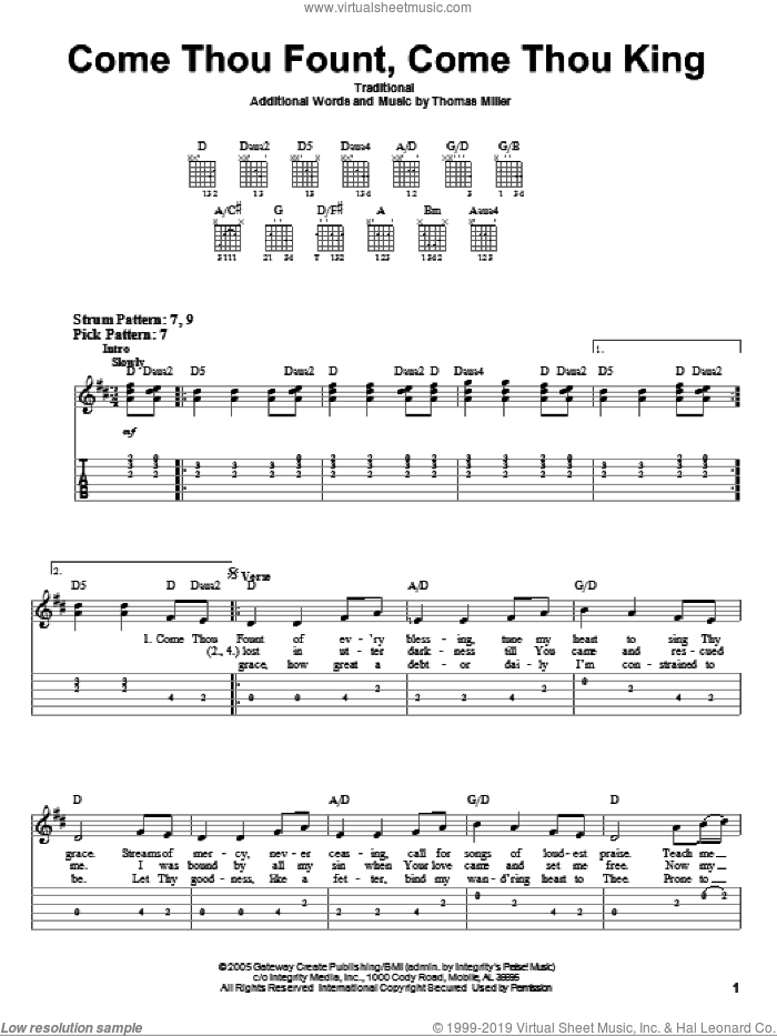 Come Thou Fount, Come Thou King sheet music for guitar solo (easy tablature) by Gateway Worship, Miscellaneous and Thomas Miller, easy guitar (easy tablature)