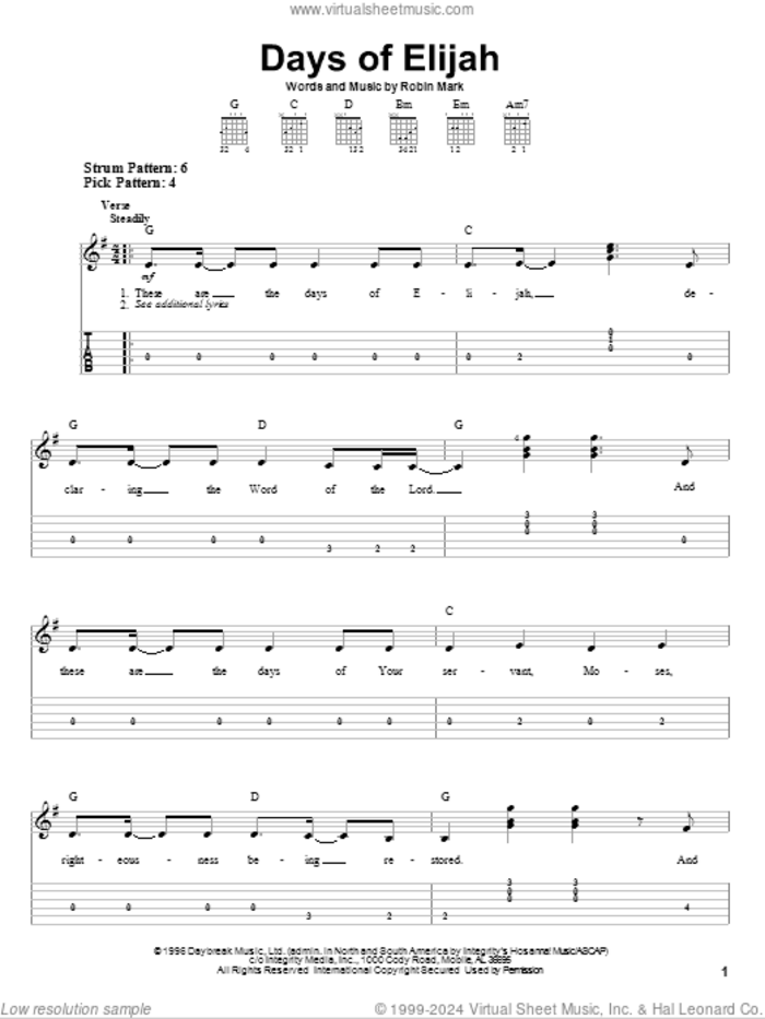 Days Of Elijah sheet music for guitar solo (easy tablature) by Robin Mark, easy guitar (easy tablature)