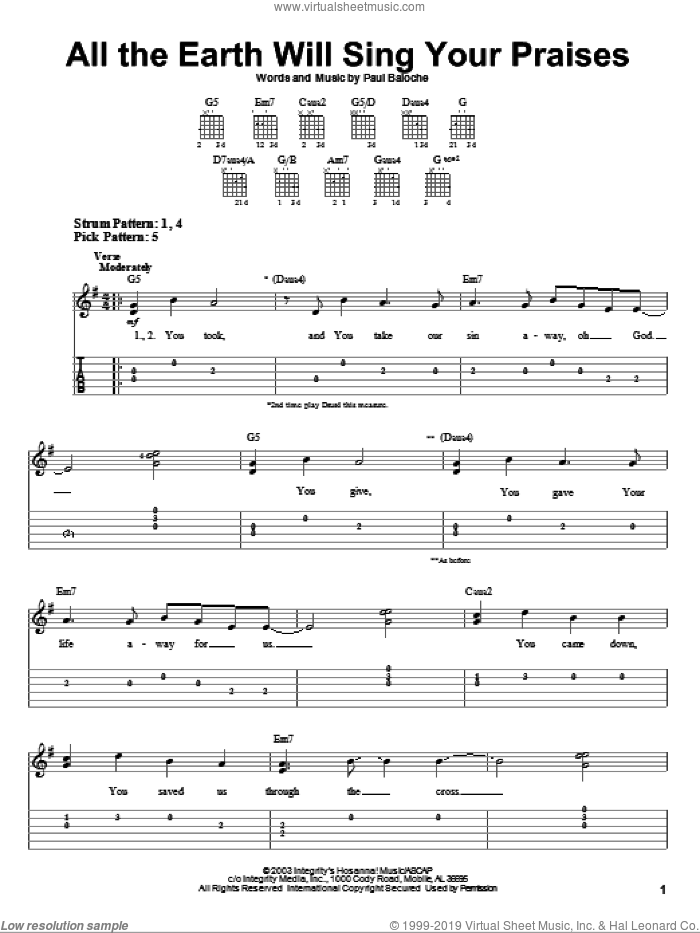 All The Earth Will Sing Your Praises sheet music for guitar solo (easy tablature) by Paul Baloche, easy guitar (easy tablature)