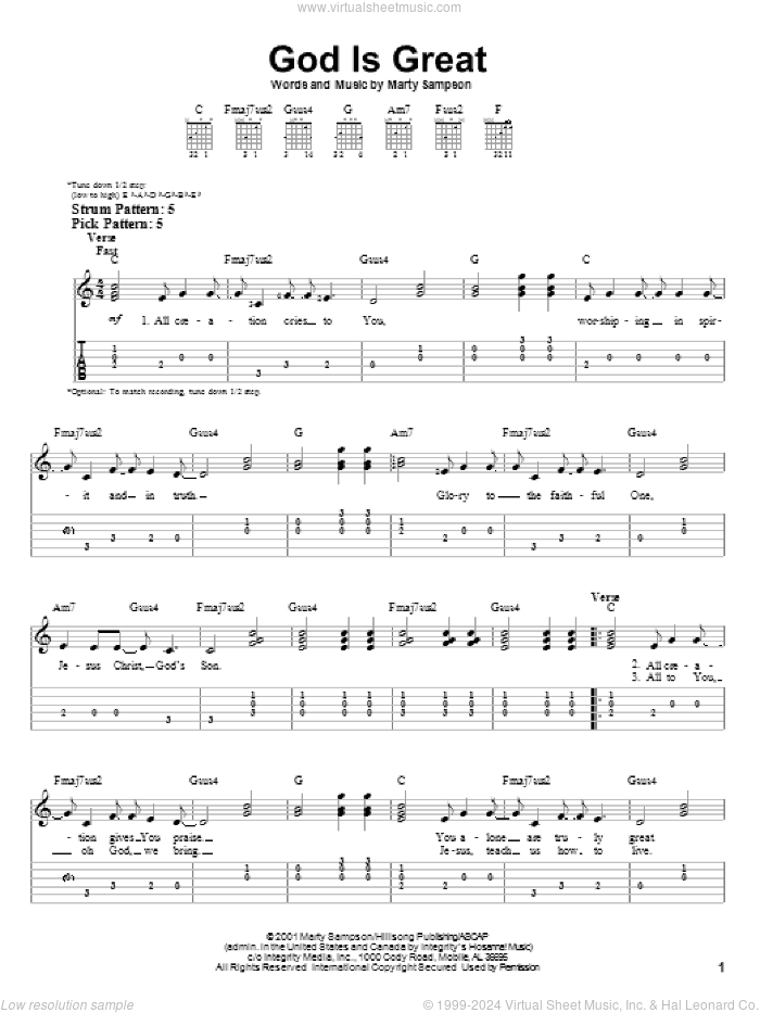 God Is Great sheet music for guitar solo (easy tablature) by Marty Sampson and Hillsong Worship, easy guitar (easy tablature)