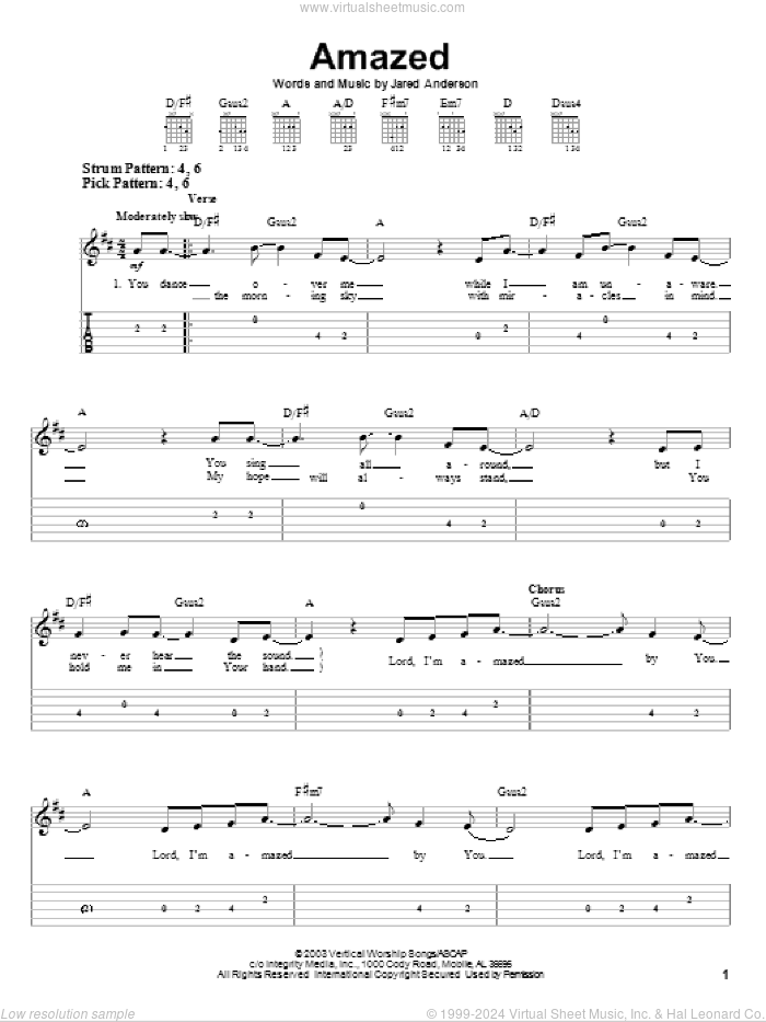 Amazed sheet music for guitar solo (easy tablature) by Phillips, Craig & Dean and Jared Anderson, easy guitar (easy tablature)