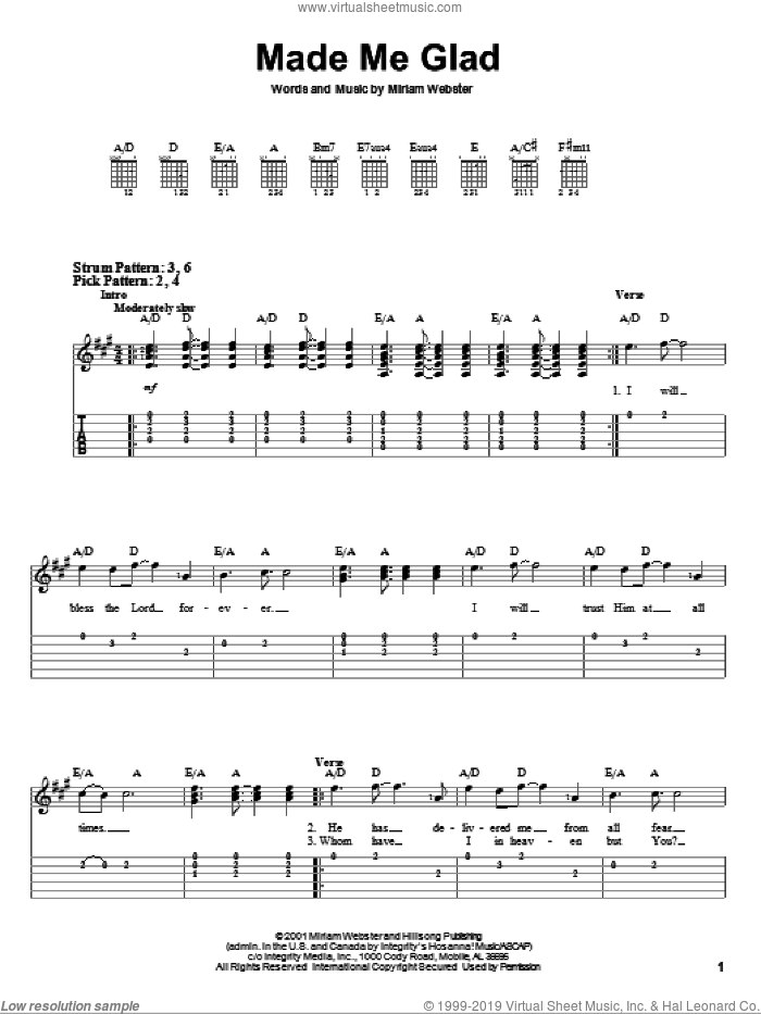 Made Me Glad sheet music for guitar solo (easy tablature) by Miriam Webster and Hillsong Worship, easy guitar (easy tablature)