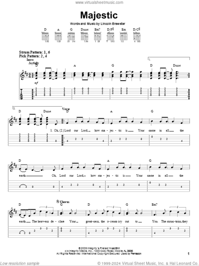 Majestic sheet music for guitar solo (easy tablature) by Lincoln Brewster, easy guitar (easy tablature)