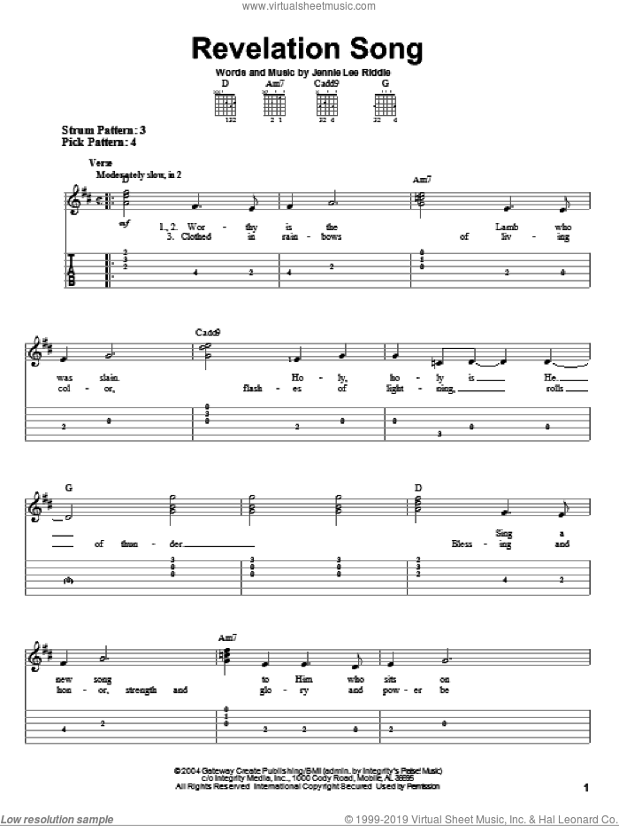 Revelation Song sheet music for guitar solo (easy tablature) by Gateway Worship and Jennie Lee Riddle, easy guitar (easy tablature)