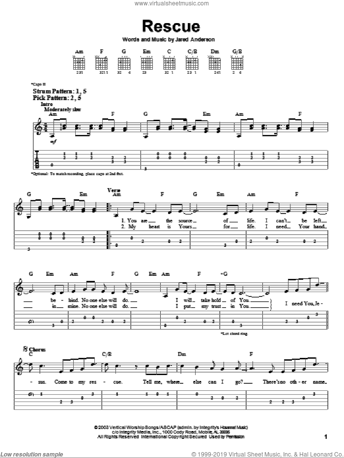 Rescue sheet music for guitar solo (easy tablature) by Jared Anderson, easy guitar (easy tablature)