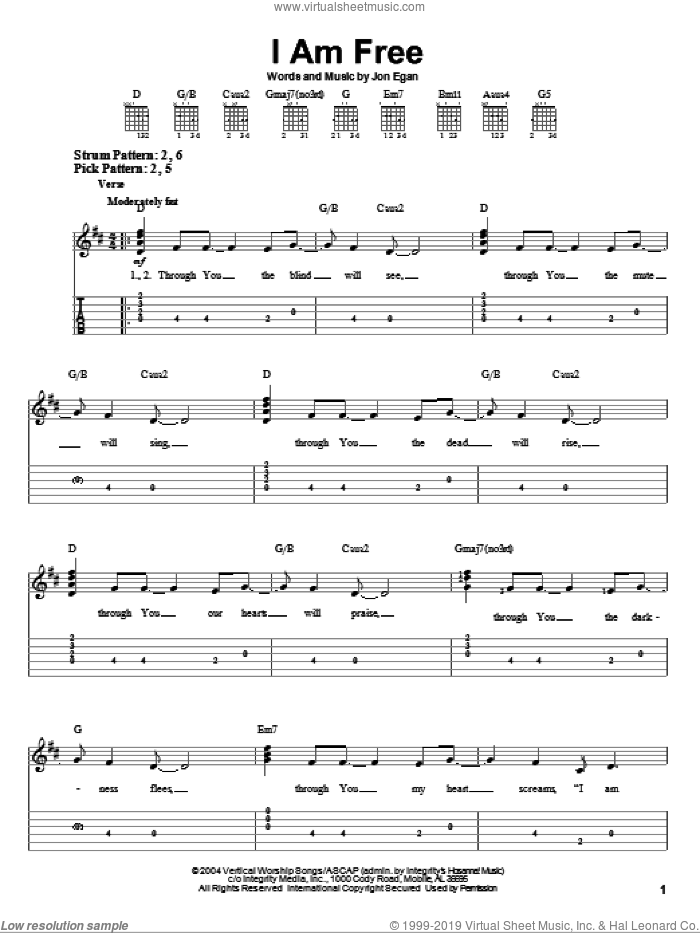 I Am Free sheet music for guitar solo (easy tablature) by Jon Egan and Newsboys, easy guitar (easy tablature)