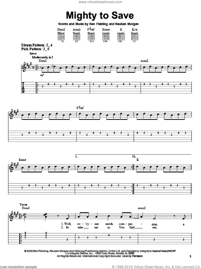 Mighty To Save sheet music for guitar solo (easy tablature) by Reuben Morgan, Hillsong Worship and Ben Fielding, easy guitar (easy tablature)