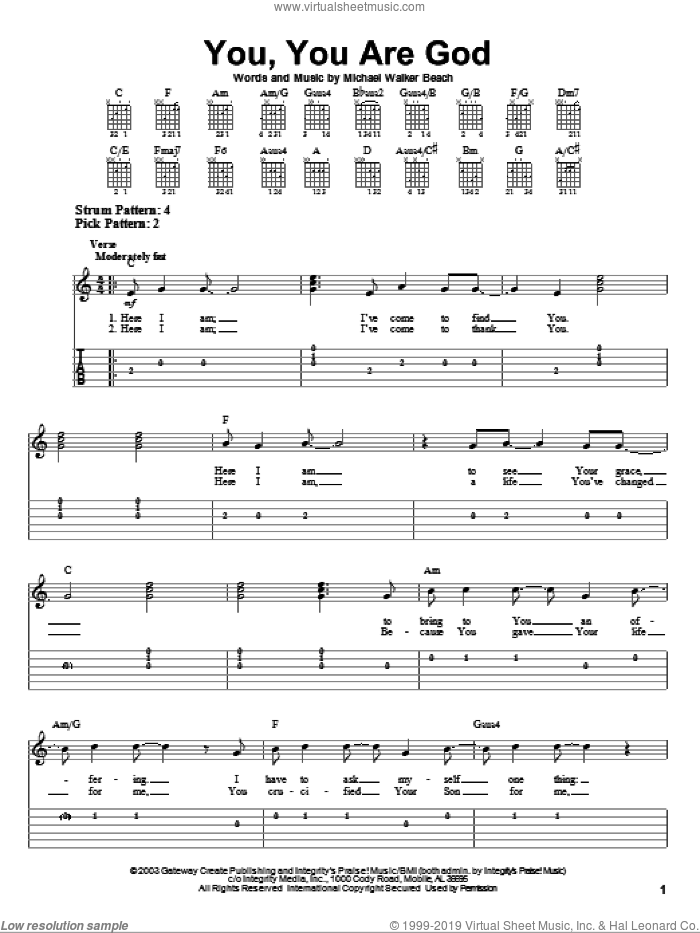 You, You Are God sheet music for guitar solo (easy tablature) by Michael Walker Beach, easy guitar (easy tablature)